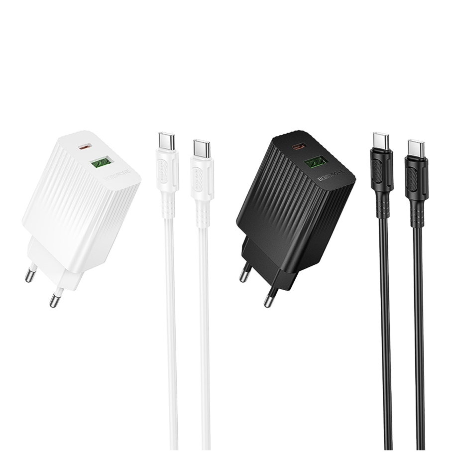 Мережевий Зарядний Пристрій Borofone BAS74A 1USB-C/1USB PD/QC 20W+Type-C to Type-C Чорний - Зображення 2