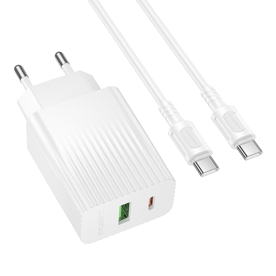 Мережевий Зарядний Пристрій Borofone BAS74A 1USB-C/1USB PD/QC 20W+Type-C to Type-C Бiлий