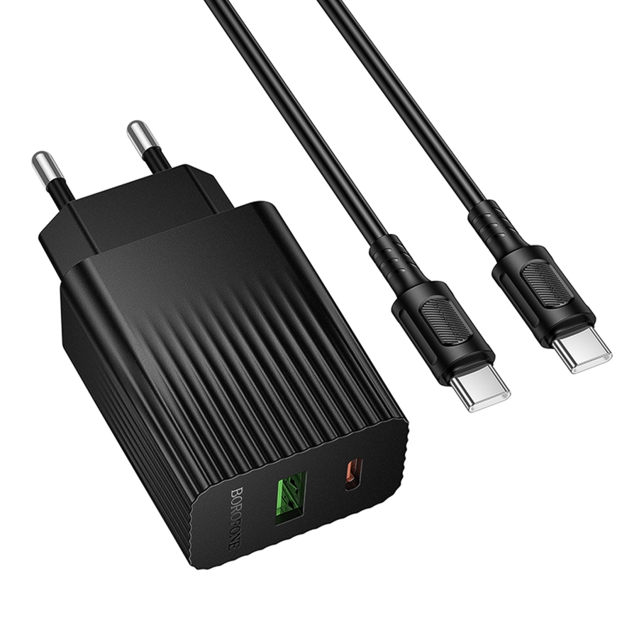 Мережевий Зарядний Пристрій Borofone BAS74A 1USB-C/1USB PD/QC 20W+Type-C to Type-C Чорний
