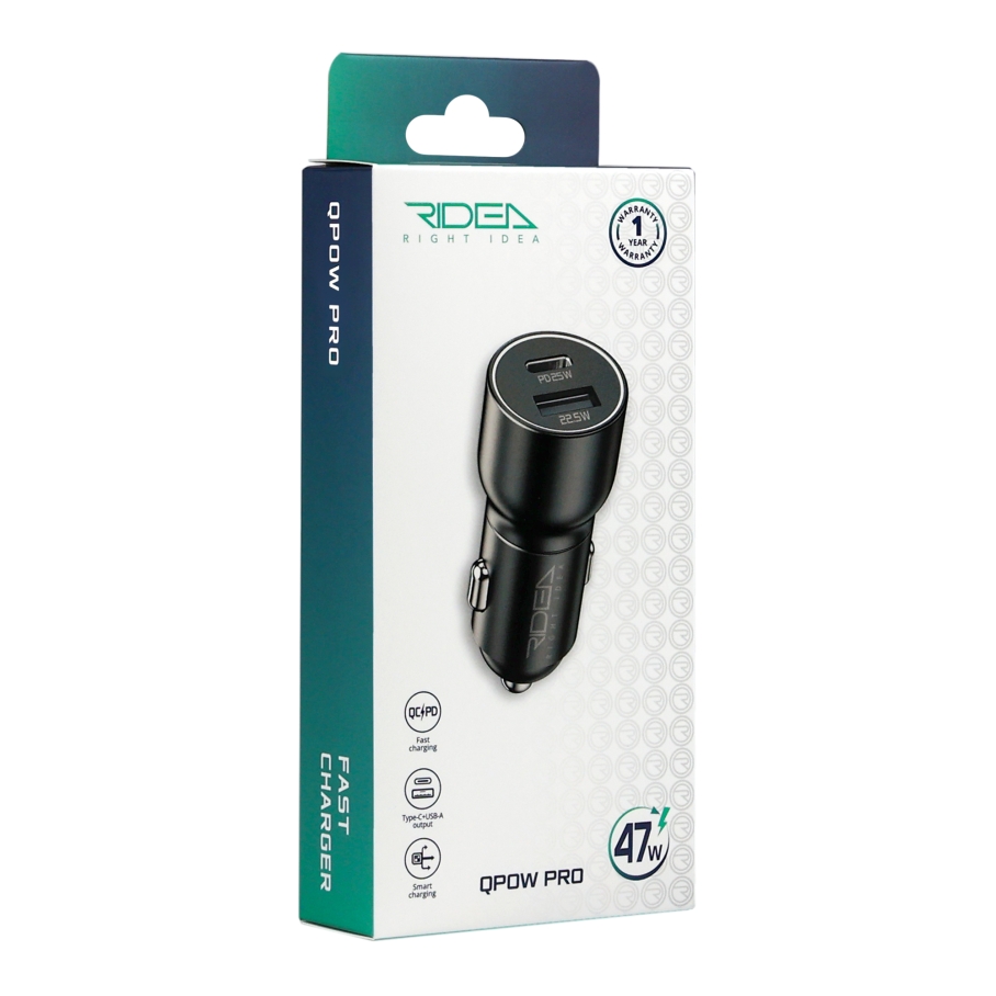 Автомобільний Зарядний Пристрій Ridea RCC-47110 QPow Pro 1USB/1USB-C PD/QC 47.5W Чорний - Зображення 2
