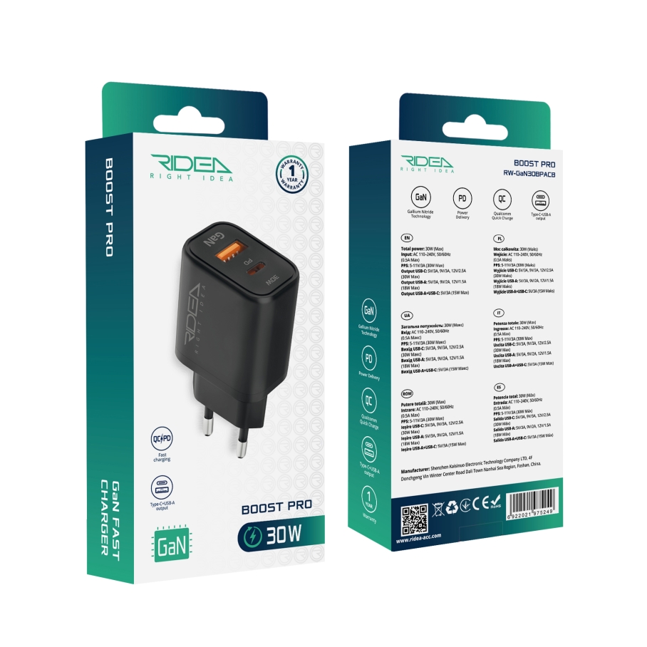 Мережевий Зарядний Пристрій Ridea RW-GaN30BPAC 30W Boost Pro AC PD&QC Чорний - Зображення 2