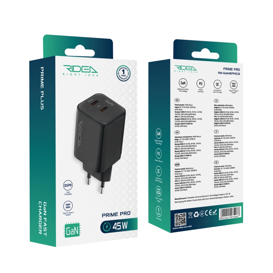 Мережевий Зарядний Пристрій Ridea RW-GaN45PP2C Prime Pro 2Type-C PD&QC 45W Чорний - Зображення 2