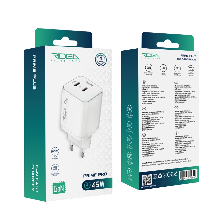 Мережевий Зарядний Пристрій Ridea RW-GaN45PP2C Prime Pro 2Type-C PD&QC 45W Бiлий - Зображення 2