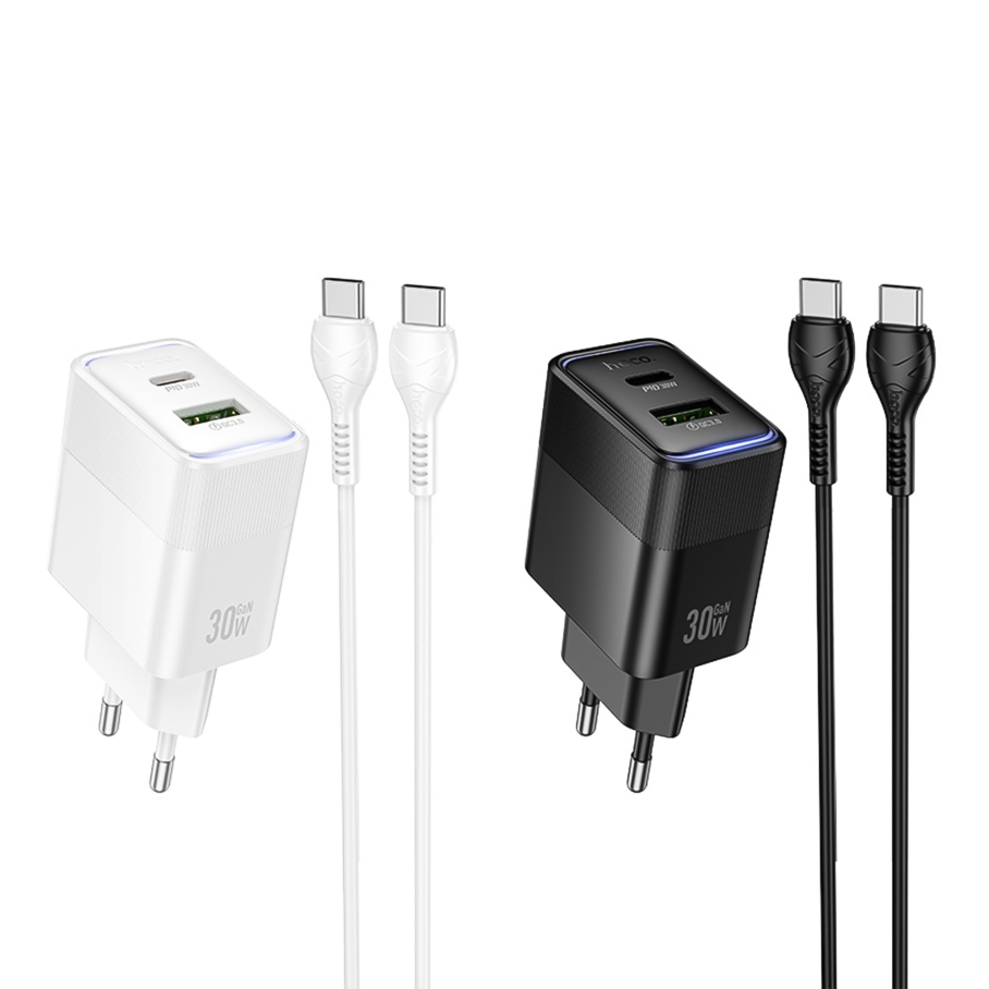 Сетевое Зарядное Устройство Hoco CS112A 1USB/1USB-C QC/PD 30W+Type-C to Type-C Чорний - Зображення 2