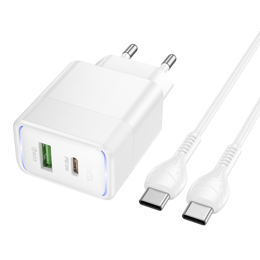 Сетевое Зарядное Устройство Hoco CS112A 1USB/1USB-C QC/PD 30W+Type-C to Type-C Білий