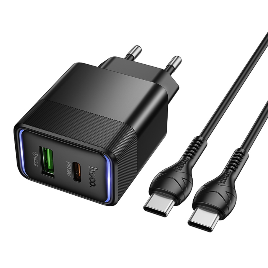 Сетевое Зарядное Устройство Hoco CS112A 1USB/1USB-C QC/PD 30W+Type-C to Type-C Чорний