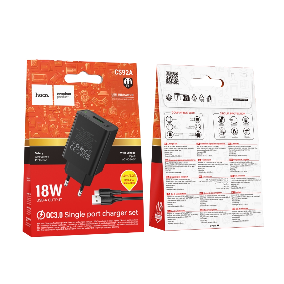 Мережевий Зарядний Пристрій Hoco CS92A 1USB QC 18W+USB to Micro Чорний - Зображення 2